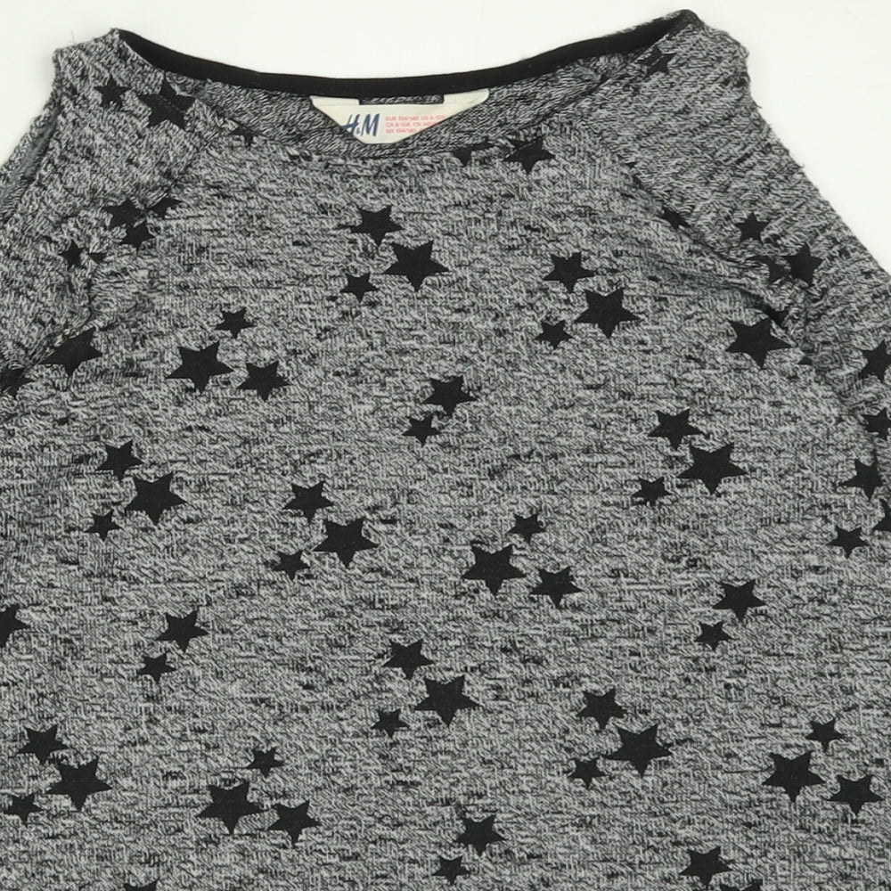 H&M Girls Grey Geometric Polyester Basic Casual Size 9-10 Years Crew Neck Pullover - Star Pattern