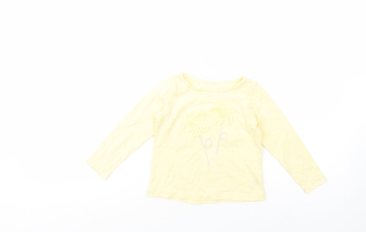 Dunnes Stores Girls Yellow  Cotton Pullover T-Shirt Size 3 Years Crew Neck Pullover - Flower Detail