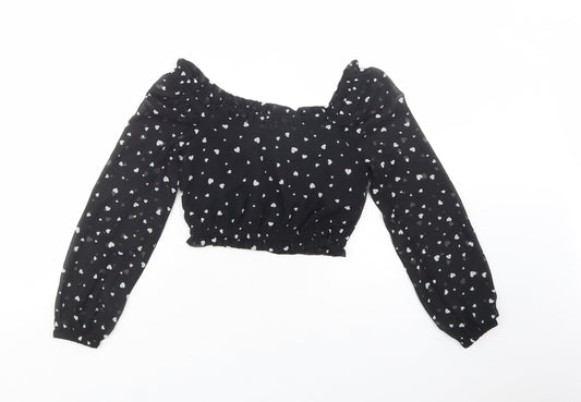 New Look Girls Black Polka Dot Polyester Pullover Blouse Size 10 Years Square Neck Pullover