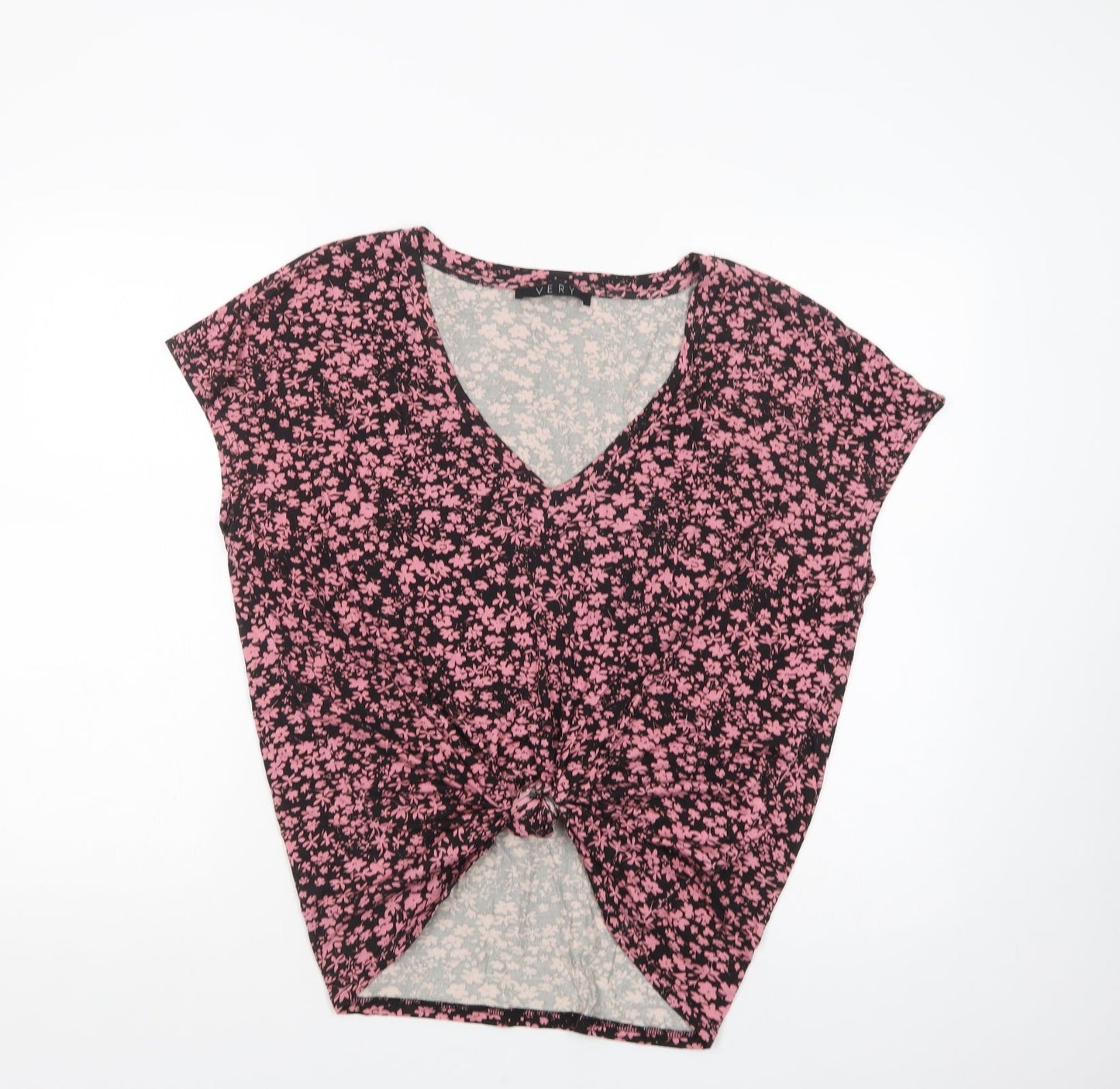 Very Womens Black Floral Viscose Basic T-Shirt Size 16 V-Neck