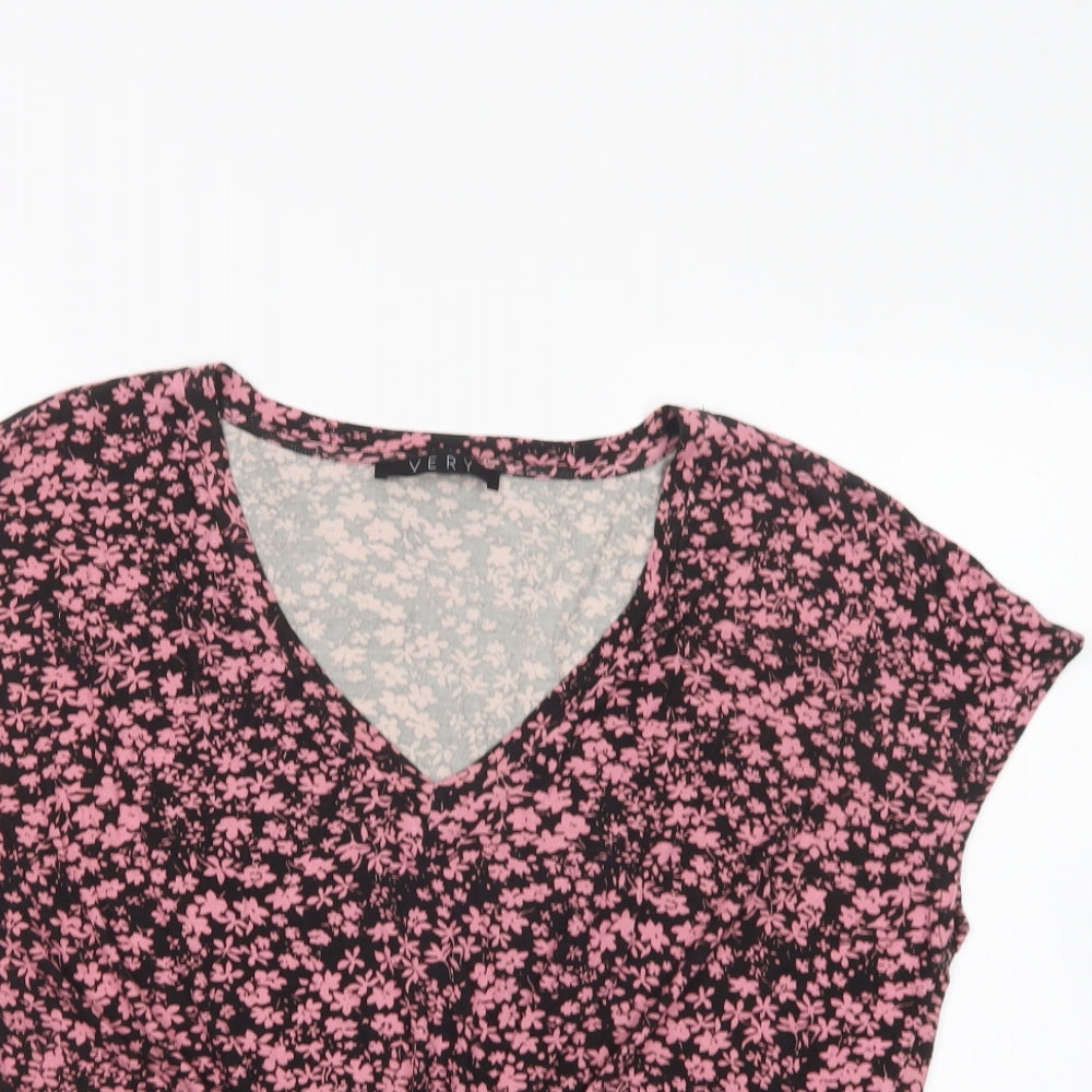 Very Womens Black Floral Viscose Basic T-Shirt Size 16 V-Neck
