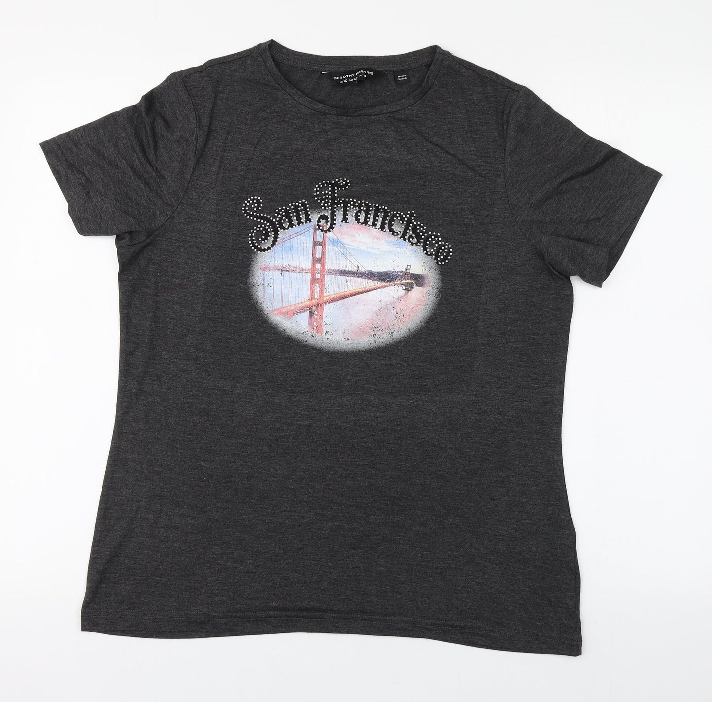 Dorothy Perkins Womens Grey  Cotton Basic T-Shirt Size 10 Round Neck