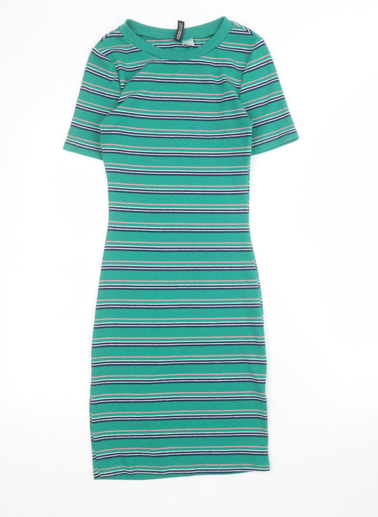 H&M Womens Green Striped Polyester Bodycon  Size XS  Crew Neck Pullover - Ribbed