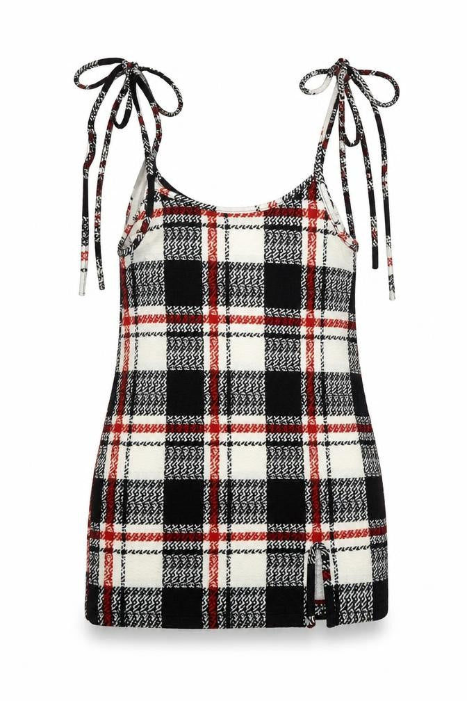 SheIn Womens Black Plaid Polyester Basic Tank Size S Round Neck