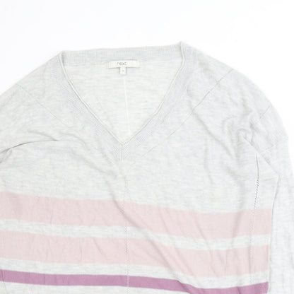 Next Womens Grey V-Neck Striped Viscose Pullover Jumper Size 16