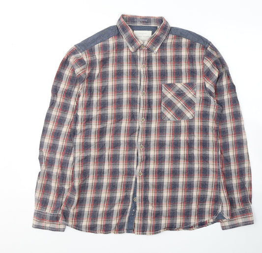 River Island Mens Blue Plaid Cotton  Button-Up Size L Collared Button