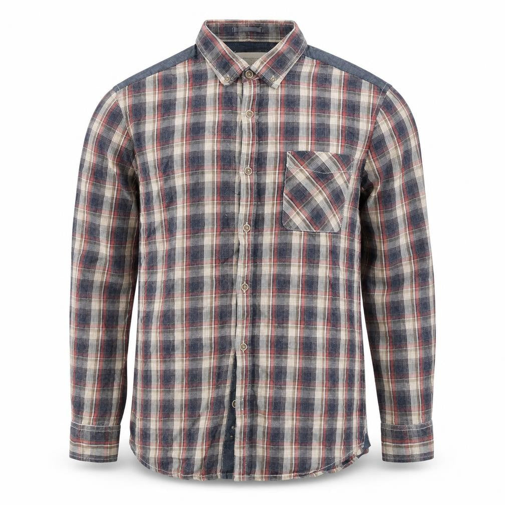 River Island Mens Blue Plaid Cotton  Button-Up Size L Collared Button