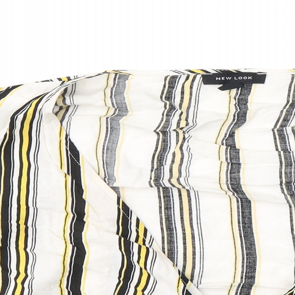 New Look Womens White Striped Cotton Cropped Blouse Size 12 V-Neck - tie detail