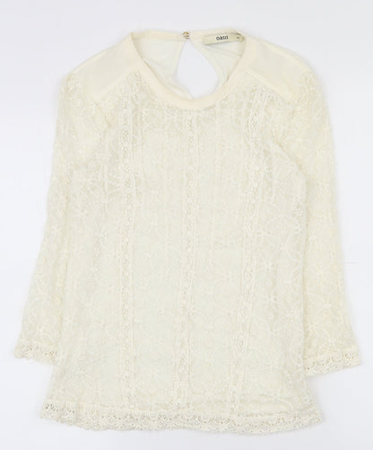 Oasis Womens Ivory Geometric Polyester Basic T-Shirt Size XS Round Neck