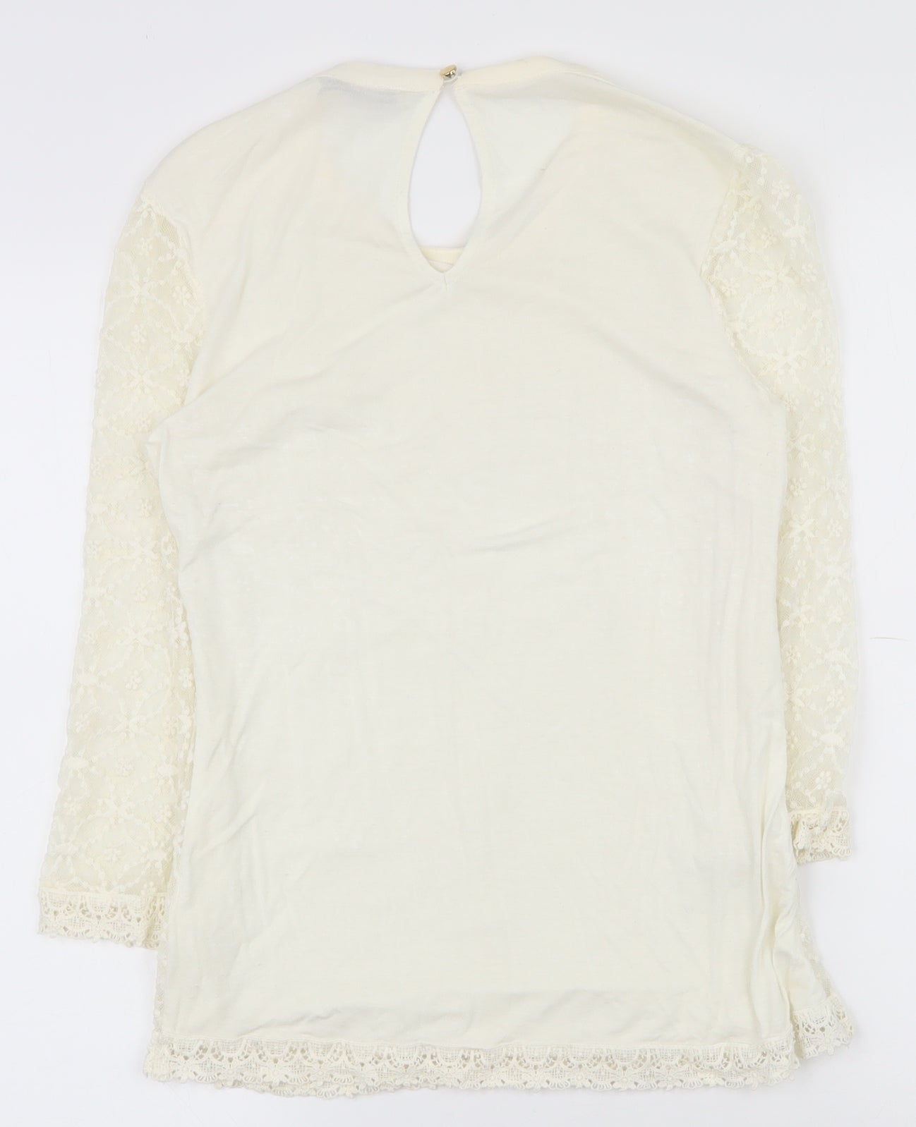 Oasis Womens Ivory Geometric Polyester Basic T-Shirt Size XS Round Neck