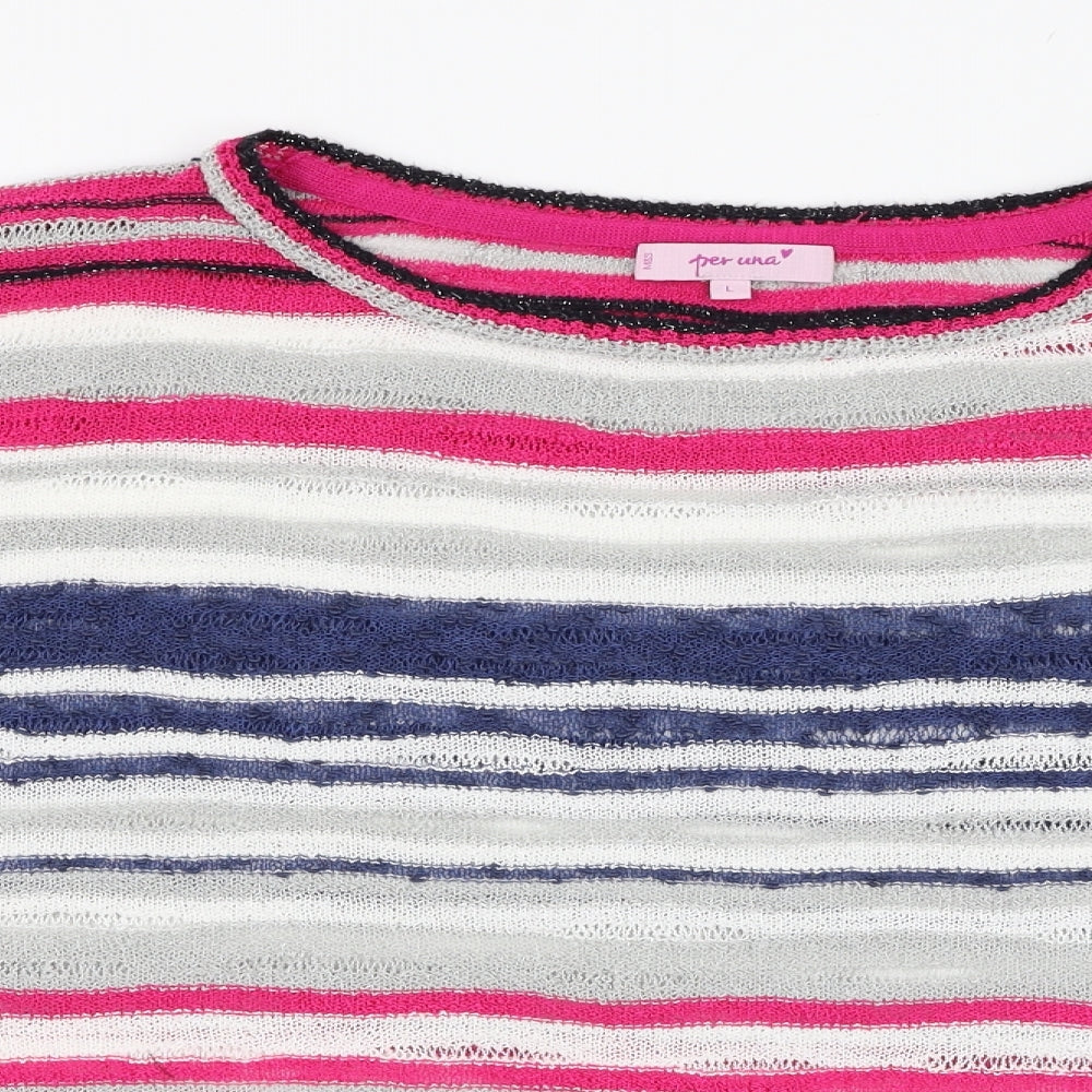 Marks and Spencer Womens Pink Round Neck Striped Acrylic Pullover Jumper Size L