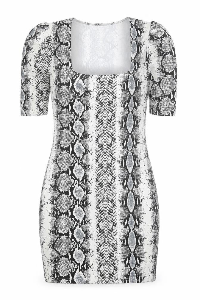 PRETTYLITTLETHING Womens Grey Animal Print Polyester Bodycon  Size 8  Square Neck Pullover
