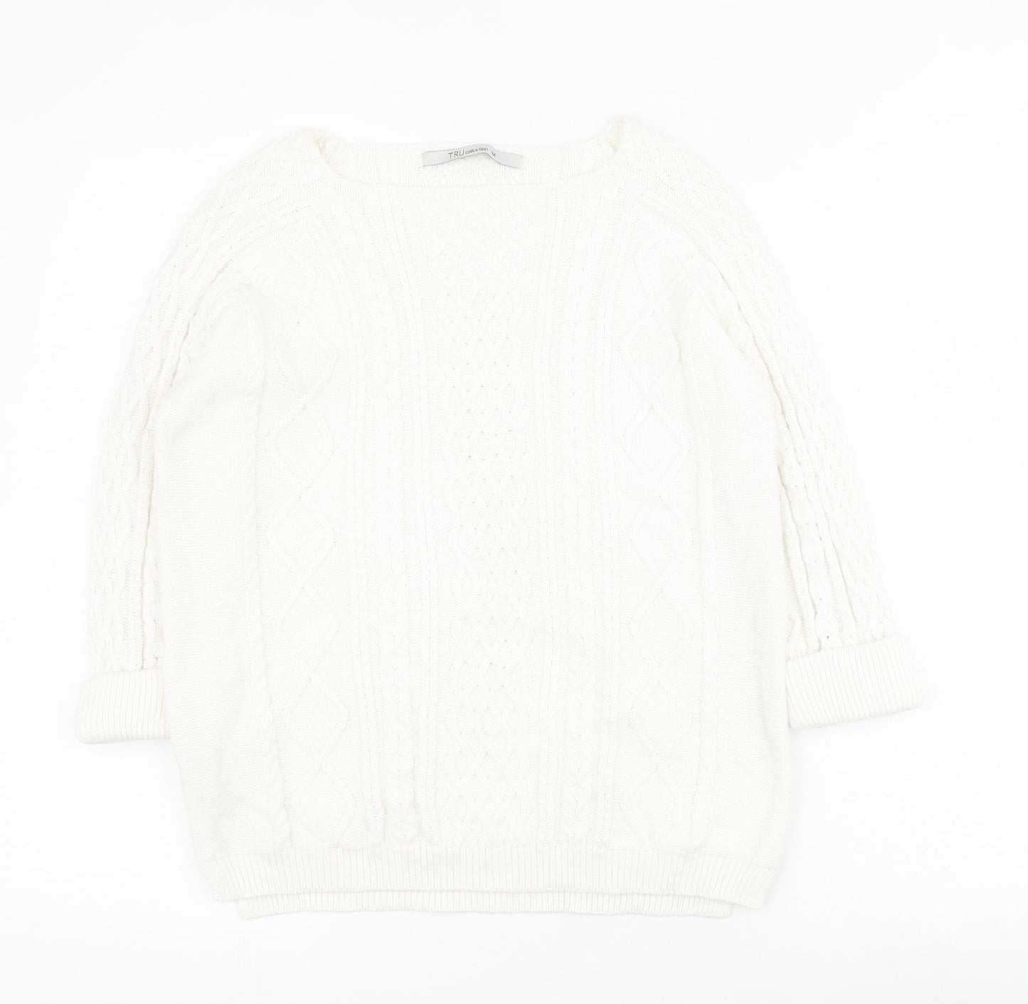 Tru Collection Womens White Square Neck  100% Cotton Pullover Jumper Size M