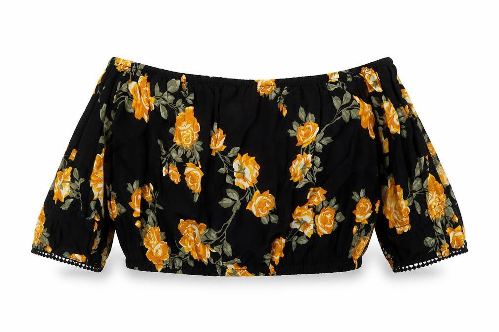 Miss Selfridge Womens Black Floral Viscose Cropped T-Shirt Size 10 Off the Shoulder