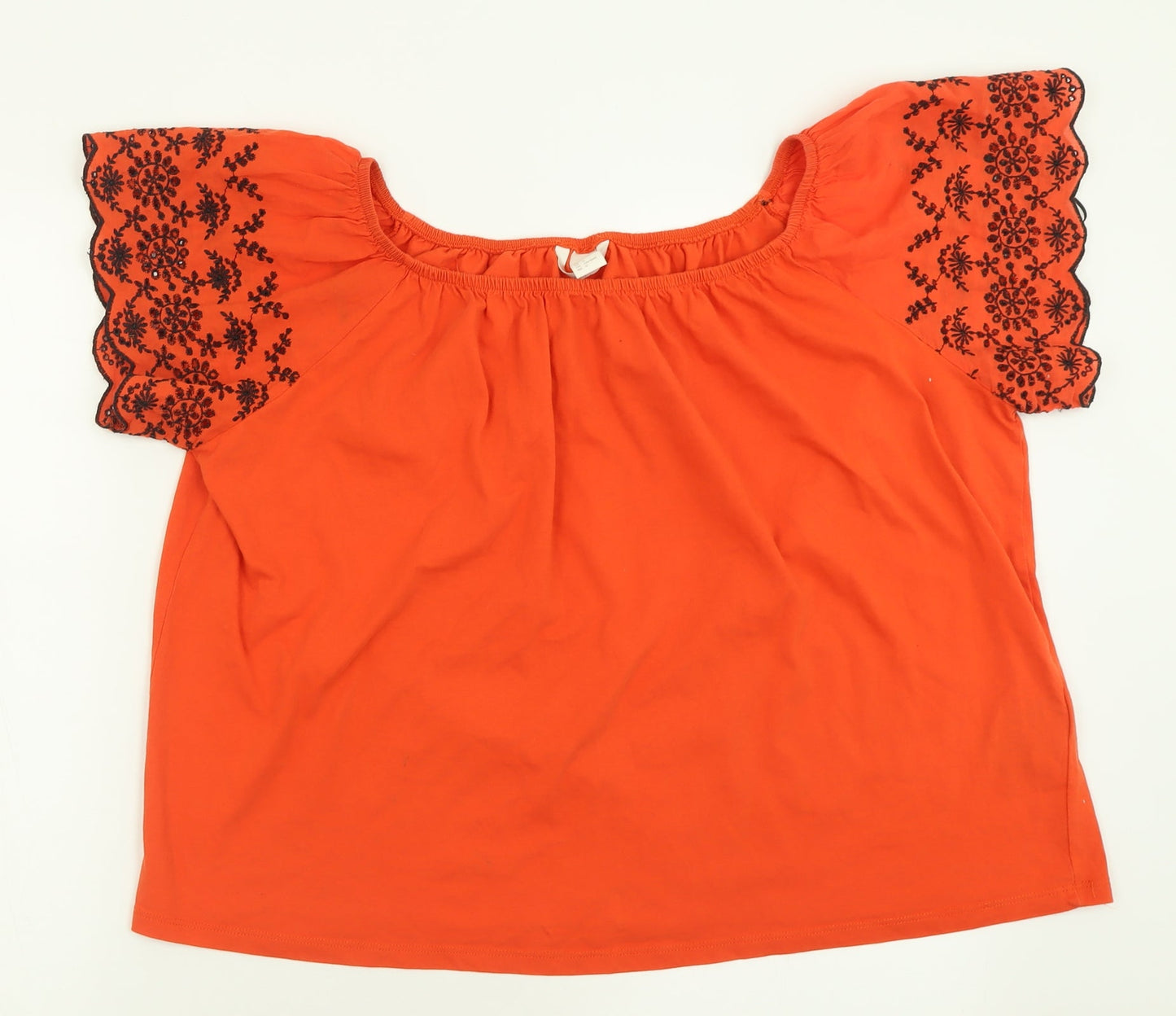 H&M Womens Orange Geometric Cotton Basic T-Shirt Size L Boat Neck