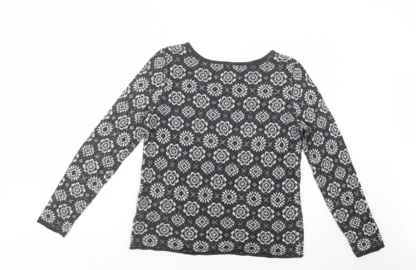 H&M Womens Grey Boat Neck Floral Cotton Pullover Jumper Size M