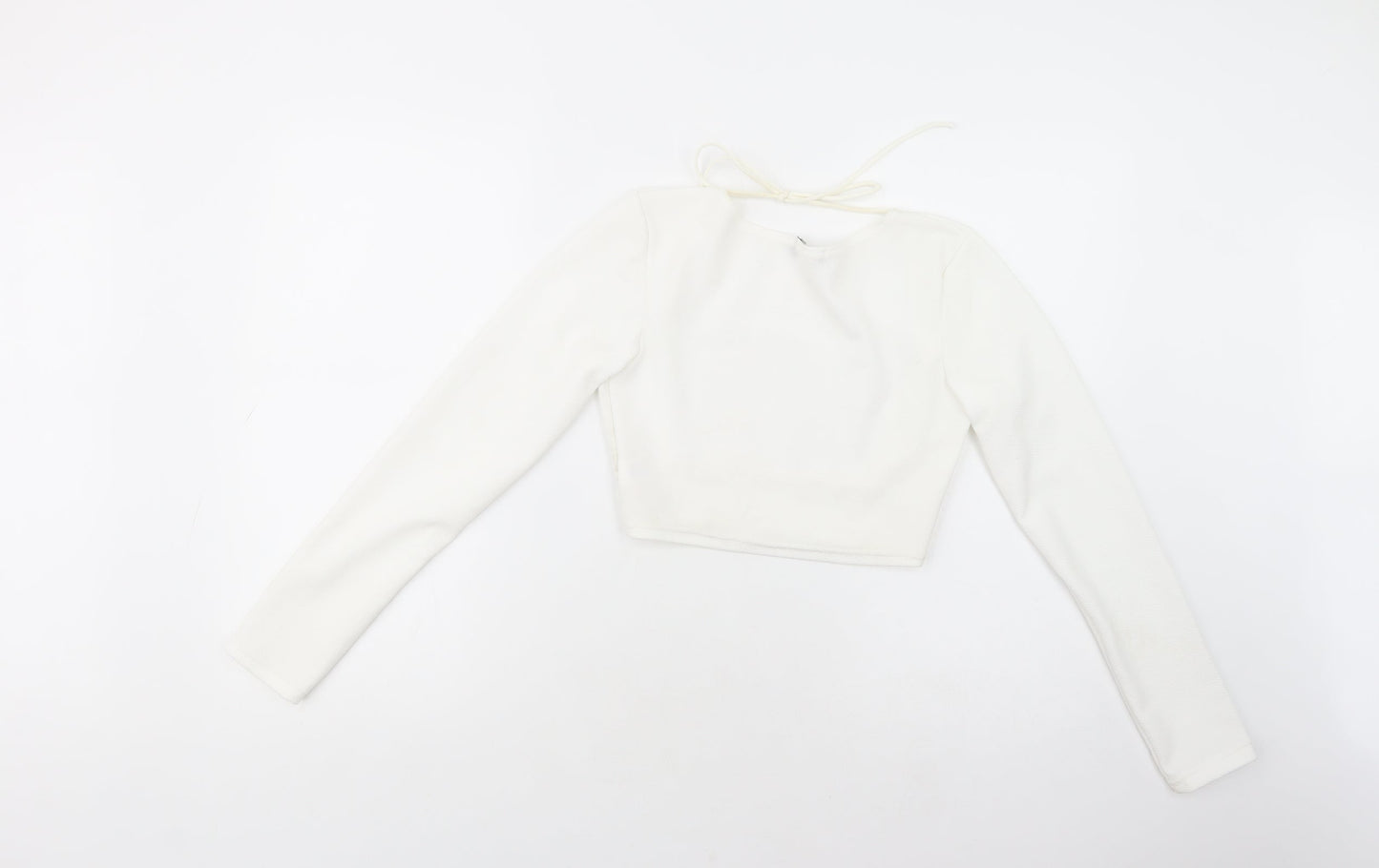 PRETTYLITTLETHING Womens White  Polyester Cropped Blouse Size 6 Round Neck
