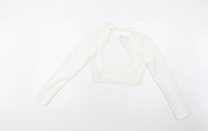 PRETTYLITTLETHING Womens White  Polyester Cropped Blouse Size 6 Round Neck