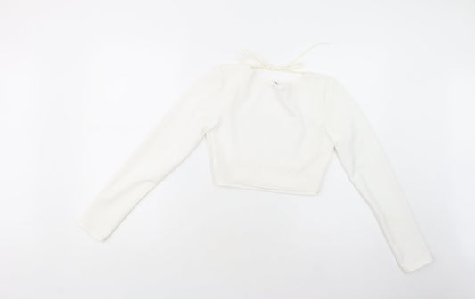 PRETTYLITTLETHING Womens White  Polyester Cropped Blouse Size 6 Round Neck