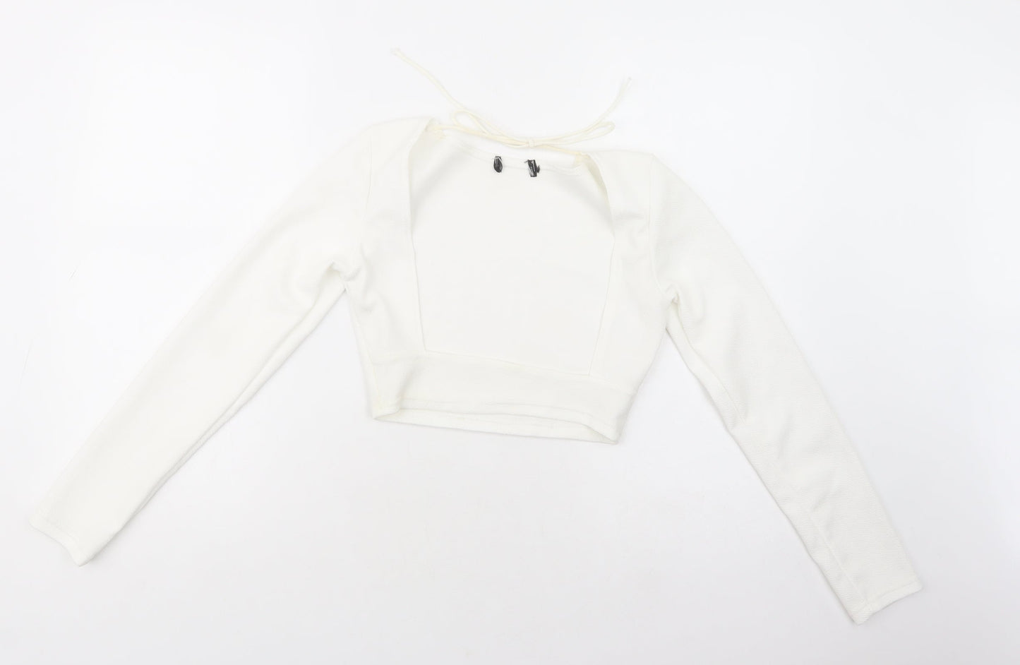 PRETTYLITTLETHING Womens White  Polyester Cropped Blouse Size 6 Round Neck