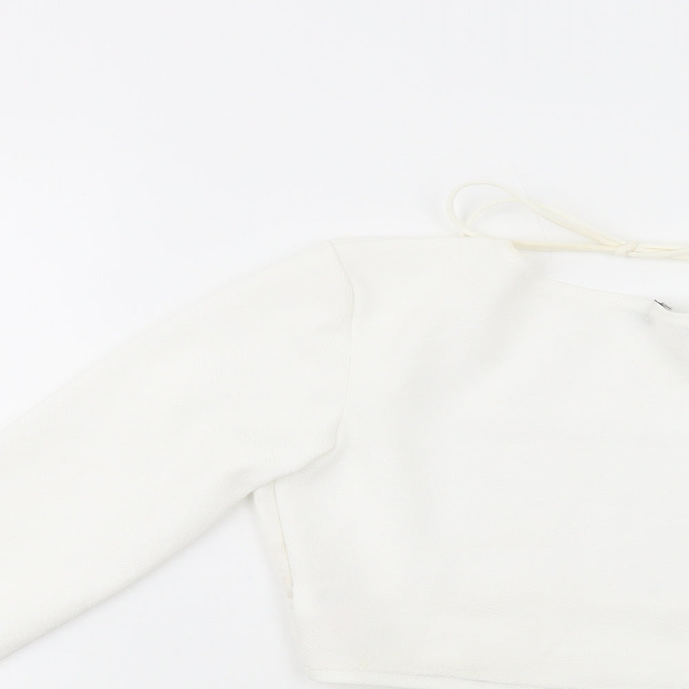 PRETTYLITTLETHING Womens White  Polyester Cropped Blouse Size 6 Round Neck