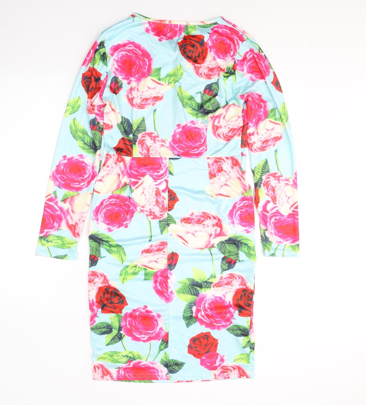 Preworn Womens Blue Floral Cotton A-Line  Size L  Round Neck Zip