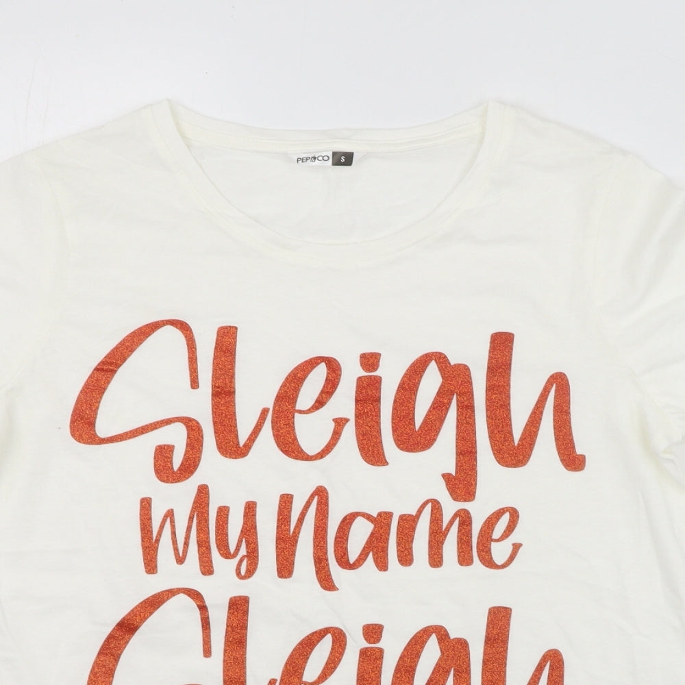 Pep&co  Womens White  100% Cotton Basic T-Shirt Size S Round Neck - Sleigh My Name Sleigh My Name