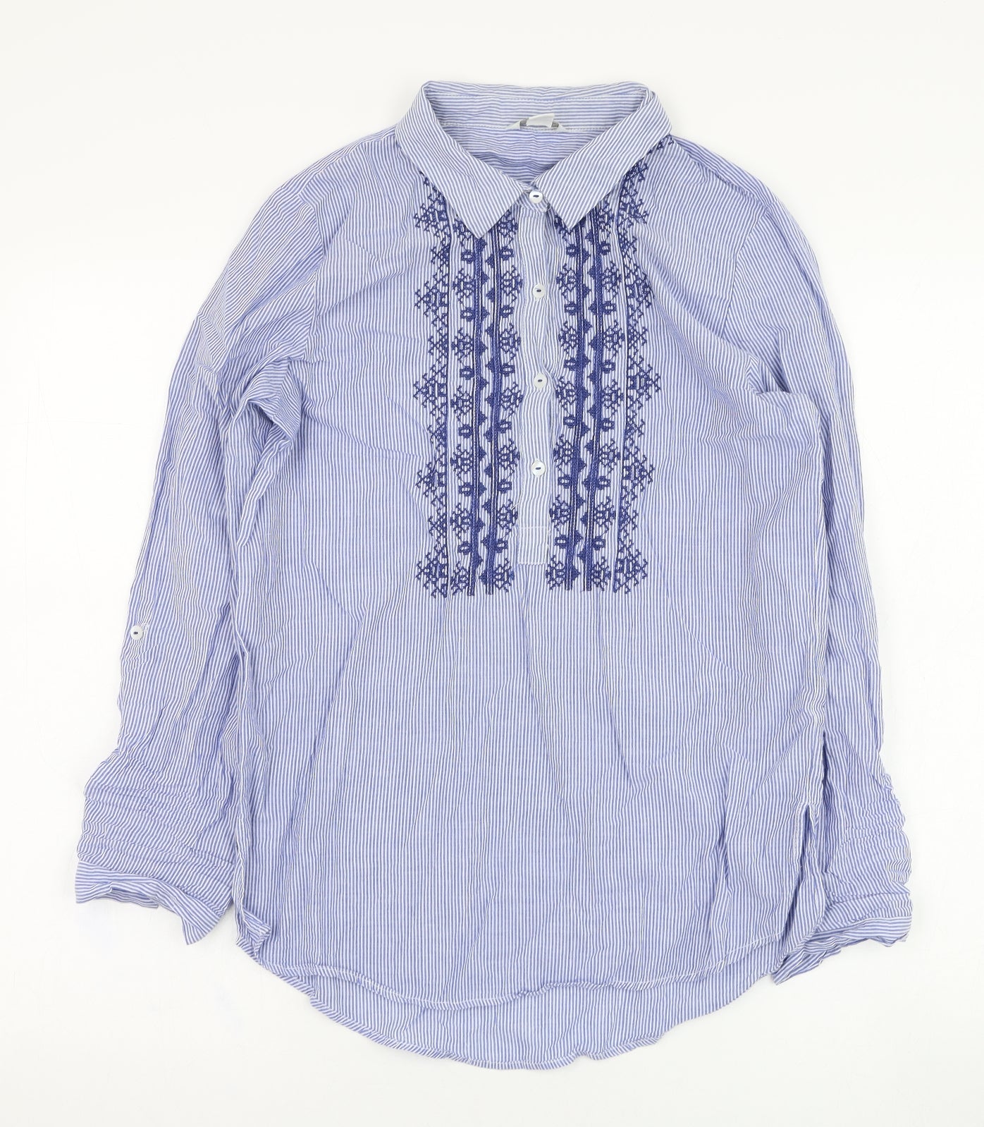 Monsoon Womens Blue Striped Cotton Basic Blouse Size 8 Collared