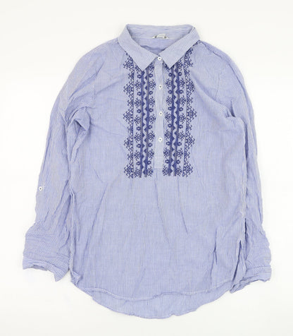 Preloved Monsoon Womens Blue Striped Cotton Basic Blouse Size 8 Collared - Front