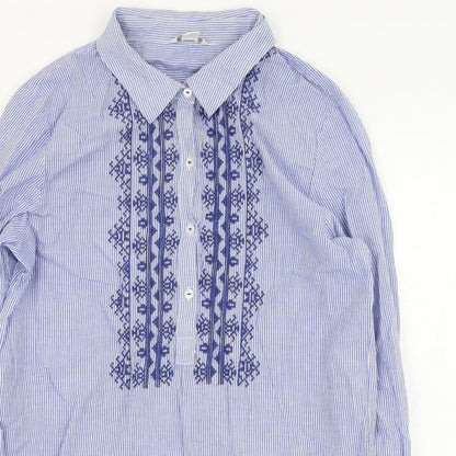 Preloved Monsoon Womens Blue Striped Cotton Basic Blouse Size 8 Collared - Detail
