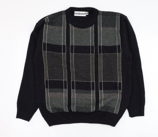High Profile Mens Black Round Neck Check Acrylic Pullover Jumper Size S