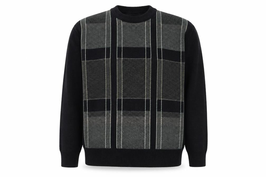 High Profile Mens Black Round Neck Check Acrylic Pullover Jumper Size S