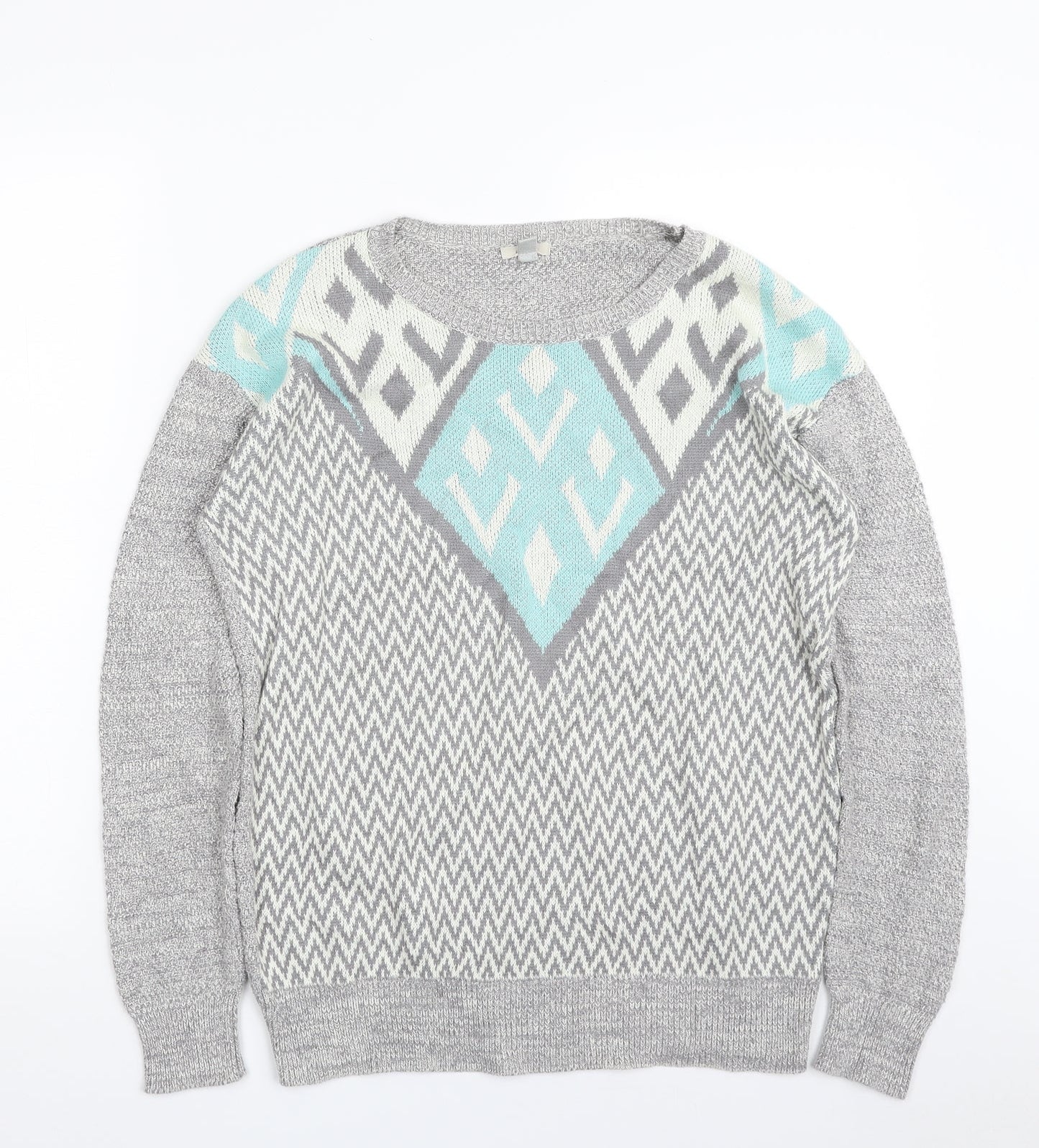 Ecote Womens Grey Crew Neck Herringbone Cotton Pullover Jumper Size S