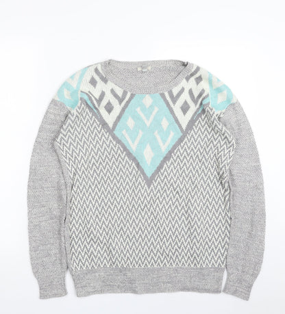 Ecote Womens Grey Crew Neck Herringbone Cotton Pullover Jumper Size S
