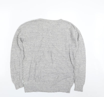 Ecote Womens Grey Crew Neck Herringbone Cotton Pullover Jumper Size S