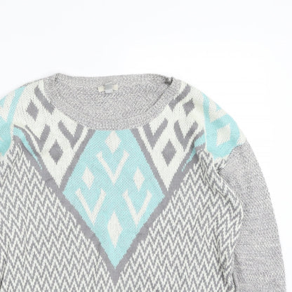 Ecote Womens Grey Crew Neck Herringbone Cotton Pullover Jumper Size S