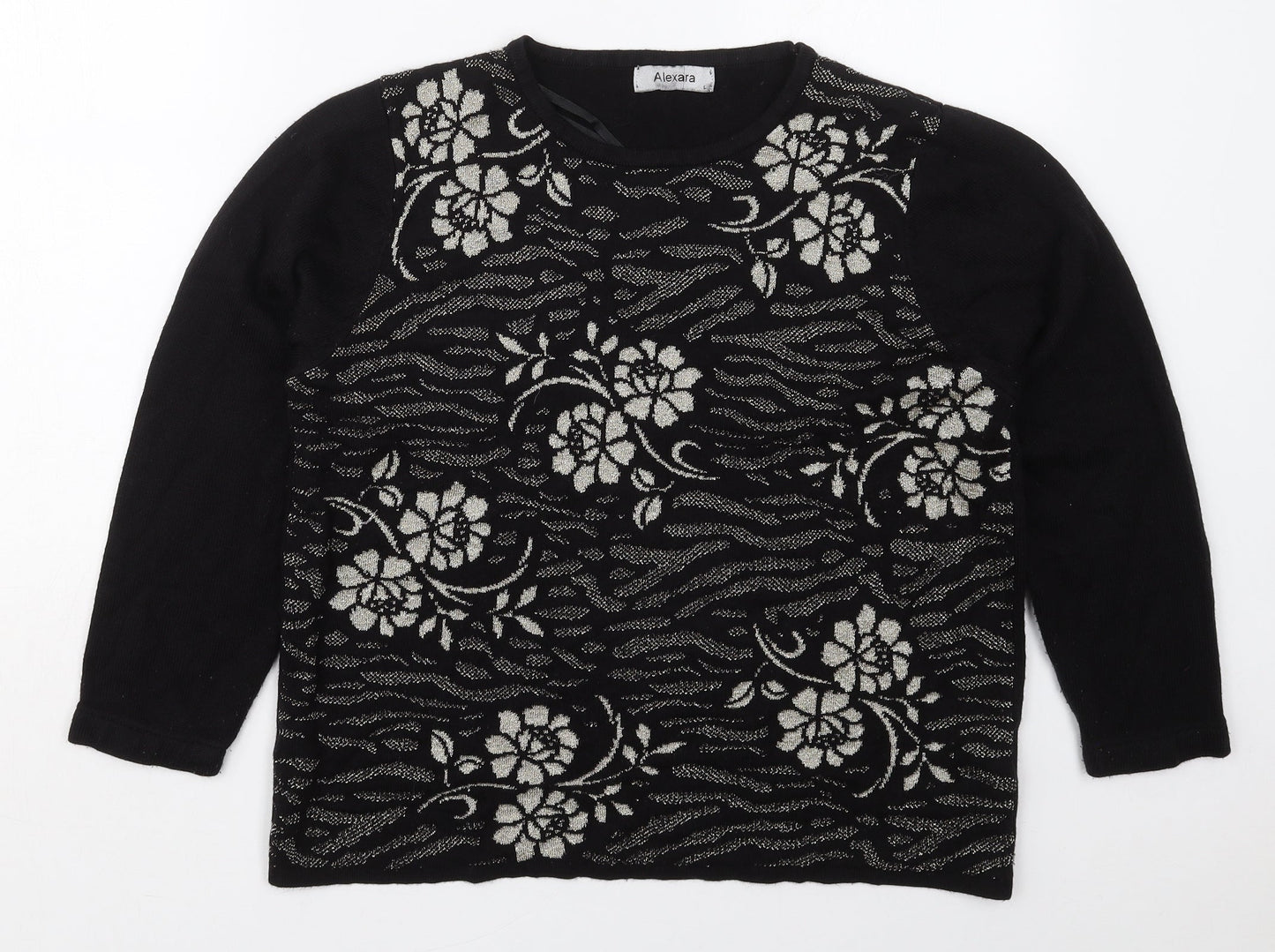 Alexara Womens Black Crew Neck Floral Acrylic Pullover Jumper Size L