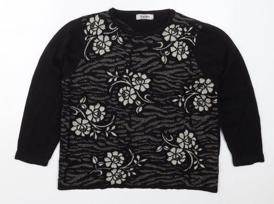 Alexara Womens Black Crew Neck Floral Acrylic Pullover Jumper Size L