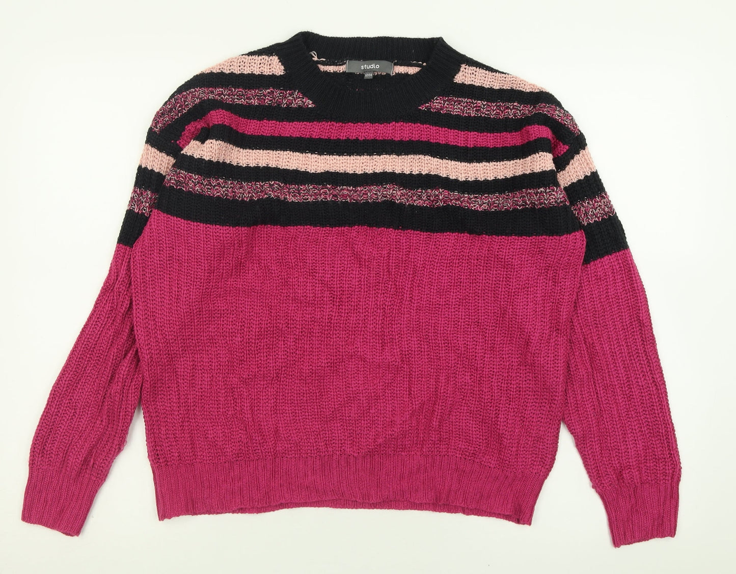 Studio Womens Purple Crew Neck Striped Acrylic Pullover Jumper Size 12
