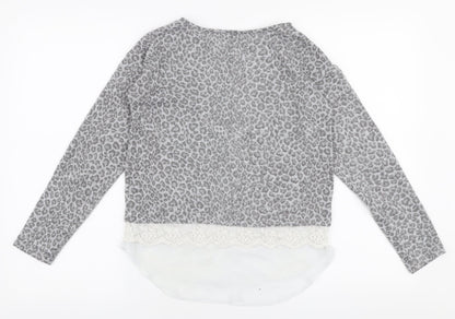Preloved Young Dimension Girls Grey Round Neck Animal Print Polyester Pullover Jumper Size 11-12 Years  Pullover - Back