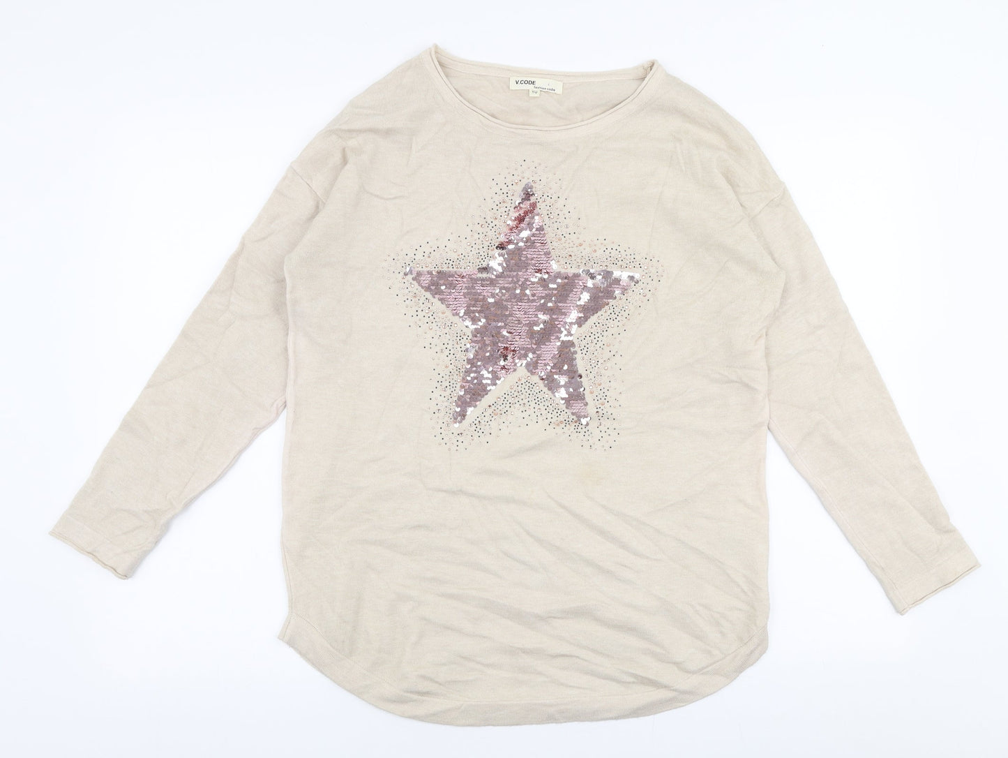 V Code Womens Beige Round Neck  Viscose Pullover Jumper Size M   - Star