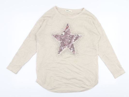 Preloved V Code Womens Beige Round Neck  Viscose Pullover Jumper Size M   - Star - Front