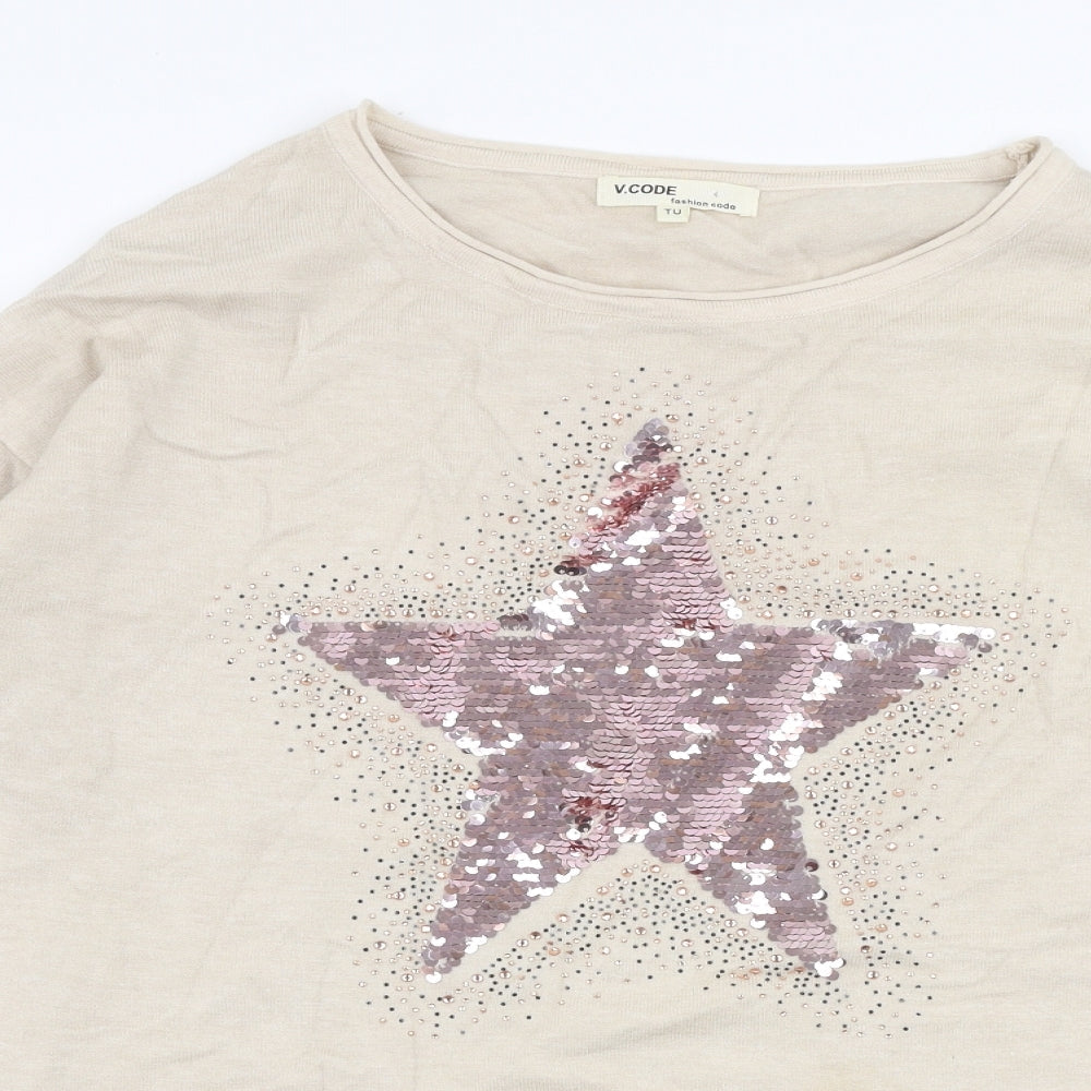 V Code Womens Beige Round Neck  Viscose Pullover Jumper Size M   - Star