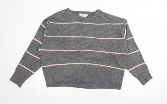 H&M Womens Grey Crew Neck Striped Polyester Pullover Jumper Size S