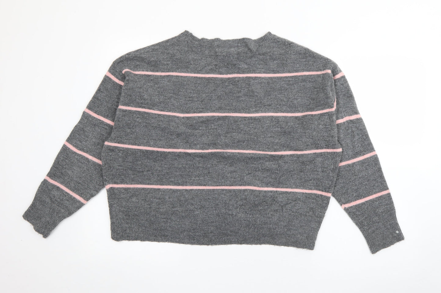 H&M Womens Grey Crew Neck Striped Polyester Pullover Jumper Size S