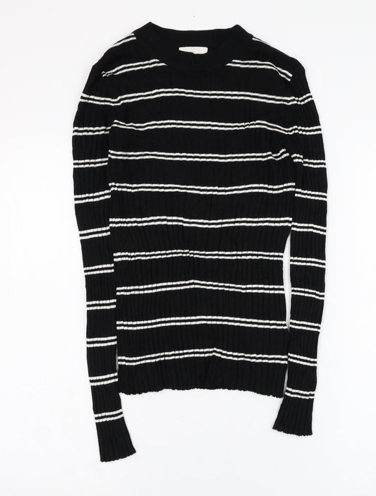 H&M Womens Black Round Neck Striped Acrylic Pullover Jumper Size S