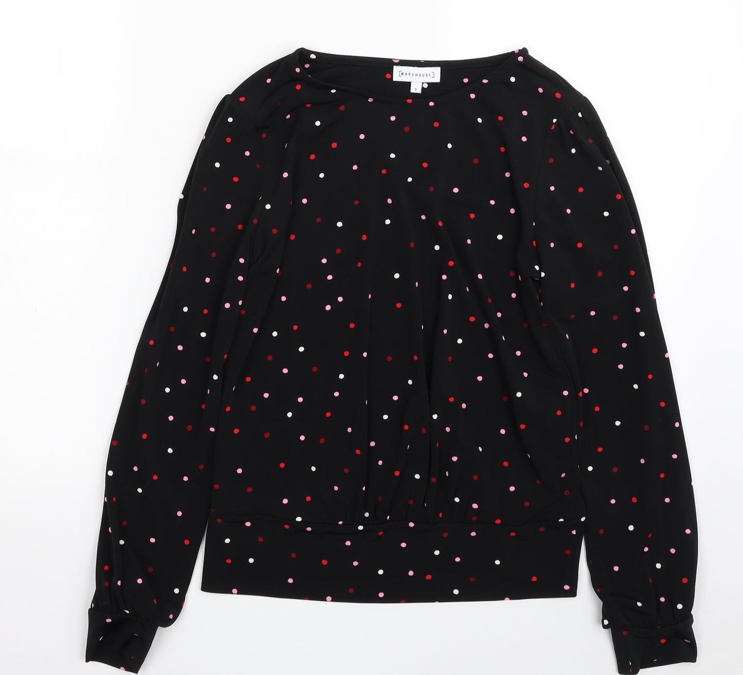 Warehouse Womens Black Polka Dot Polyester Basic Blouse Size 8 Crew Neck