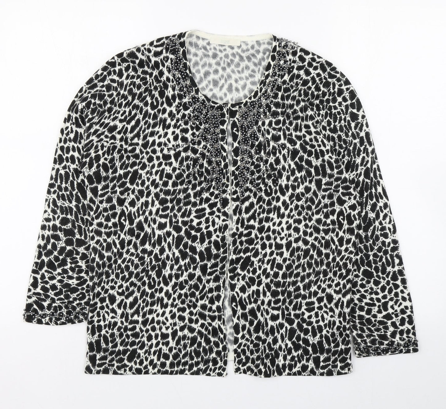 Marks and Spencer Womens Black Scoop Neck Animal Print Acrylic Cardigan Jumper Size 14