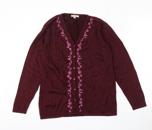 Portraits Womens Red V-Neck Floral Acrylic Cardigan Jumper Size S