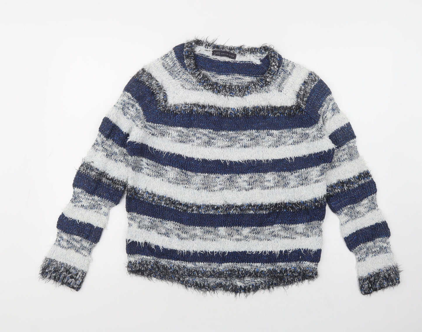 Marks and Spencer Womens Blue Scoop Neck Striped Acrylic Pullover Jumper Size 10
